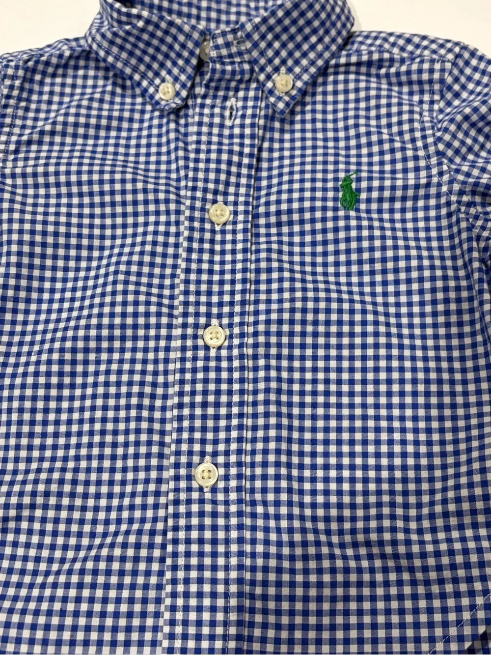 Ralph Lauren Baby Boys Blue Gingham Button Down Shirt 9M Green Pony Logo